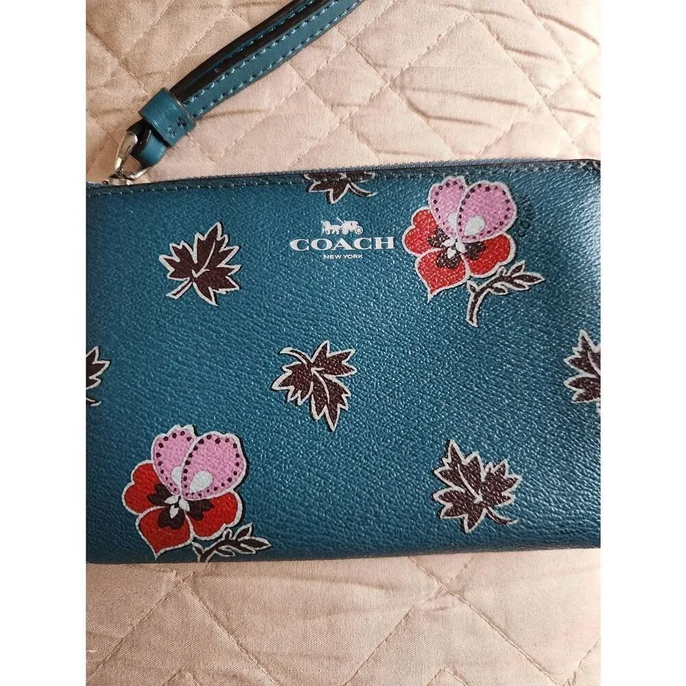 Coach Dark Teal Wristlet with Floral Design EUC (P)